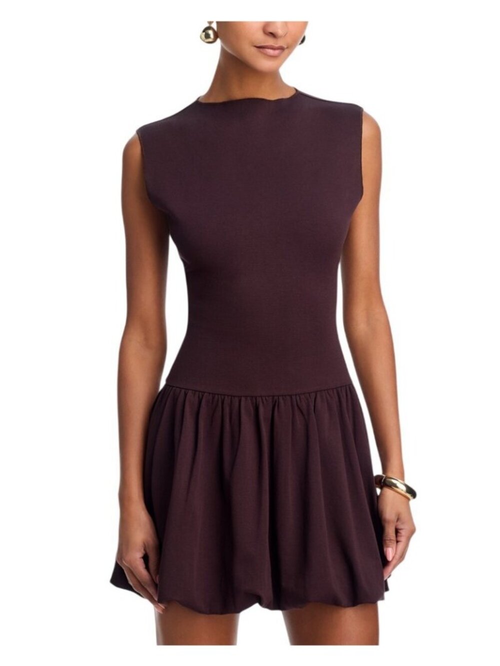 NWT Aqua Womens Ponte Mock Neck Bubble Mini Dress YCGD5097 Brown S